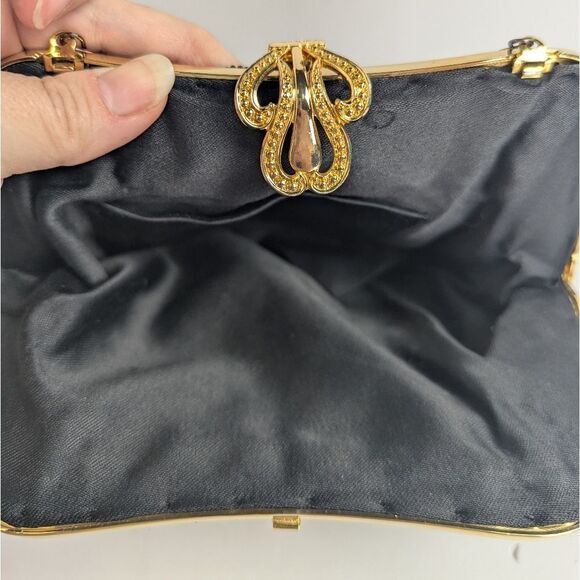 Vintage Black Seed Beaded Clamshell Hinge Crossbody Evening Bag Gold Chain - Picture 7 of 8